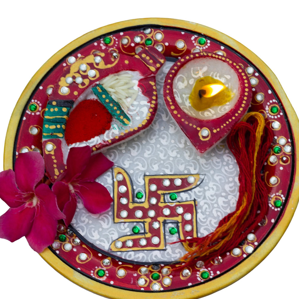ONECLICKSTOREAK Marble Pooja Thali with Meenakari Work — 9 Inch Laddu Gopal Pooja Plate Set | Decorative Thali Kalash for Mandir Aarti, Grih Pravesh & Festival Gift (9inch)