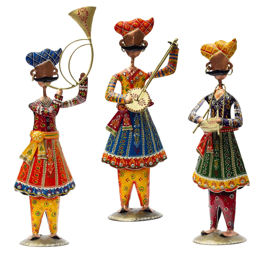 ONECLICKSTOREAK Exquisite Handcrafted Rajasthani Band Baja Baraat Metal Showpieces - Set of 3 Vibrant Indian Musician Figurines for Home Decor, Living Room, Tabletops, and Gifting (Band Party)