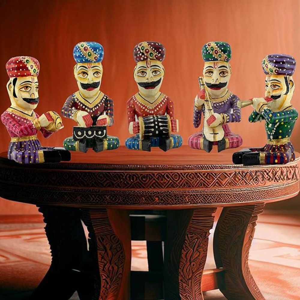 ONECLICKSTOREAK Wooden Home Decor Large 6 inch Bawla Musicians Set of 5 Musicians, Indian Music Tribute Showpiece for Living Room, Office Décor