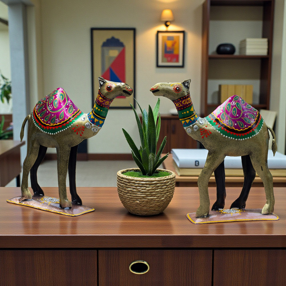 ONECLICKSTOREAK Royal Rajasthani Handcrafted Iron Camel Statues - Set of 2 | Hand-Painted Vibrant Décor | Perfect for Festive, Wedding, Corporate Gifts (Camels)
