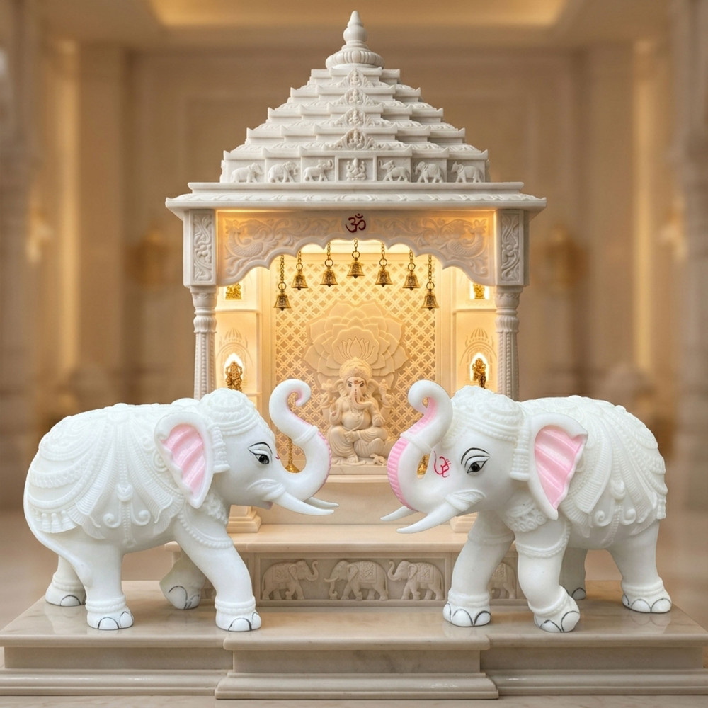 ONECLICKSTOREAK Elephant Family Showpiece Set of 5 - Royal Home Decorative Statues with Auspicious Om Symbol | White Marble-Resin Figurines for Diwali, Corporate & Housewarming Gifts