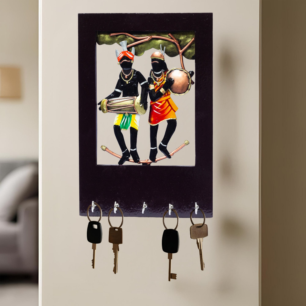 ONECLICKSTOREAK Wall Tribal Key Holder — 5 Hook Handcrafted Wooden and Metal Showpiece Keychain Holder Folk Art Decor for Entryway Organization