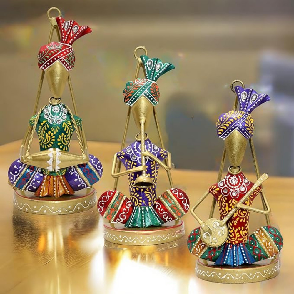 ONECLICKSTOREAK Metal Figurines Handcrafted Pagdi Musicians Set of 3 Vibrantly Coloured Wrought Iron Statues for Home, Living Room, Office and Gifts