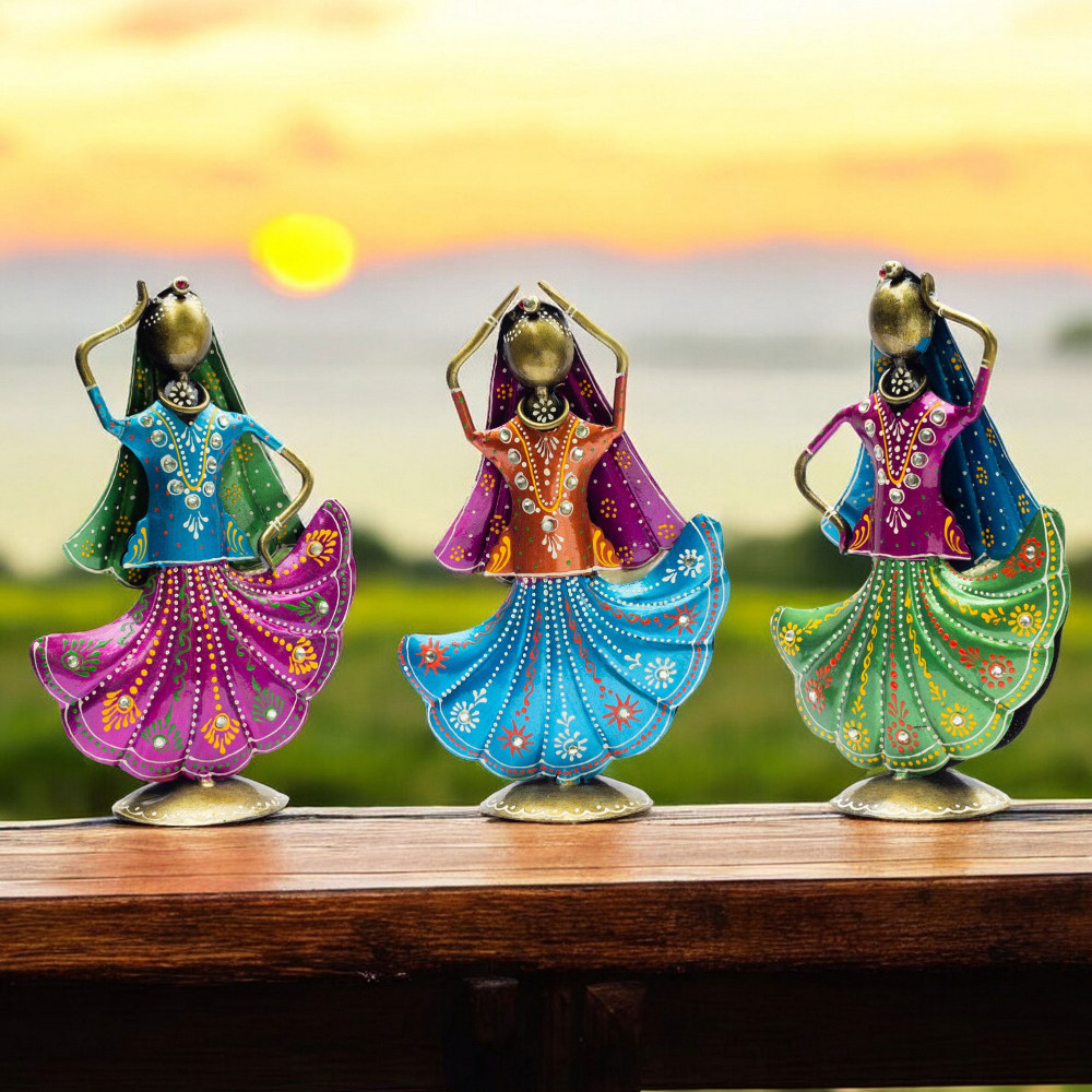 ONECLICKSTOREAK Set of 3 Metal Figurine Dancers Home Decor Item for Living Room, Bedroom, Wedding Festive Housewarming Gift Showpiece Rajasthani Dancing Dolls
