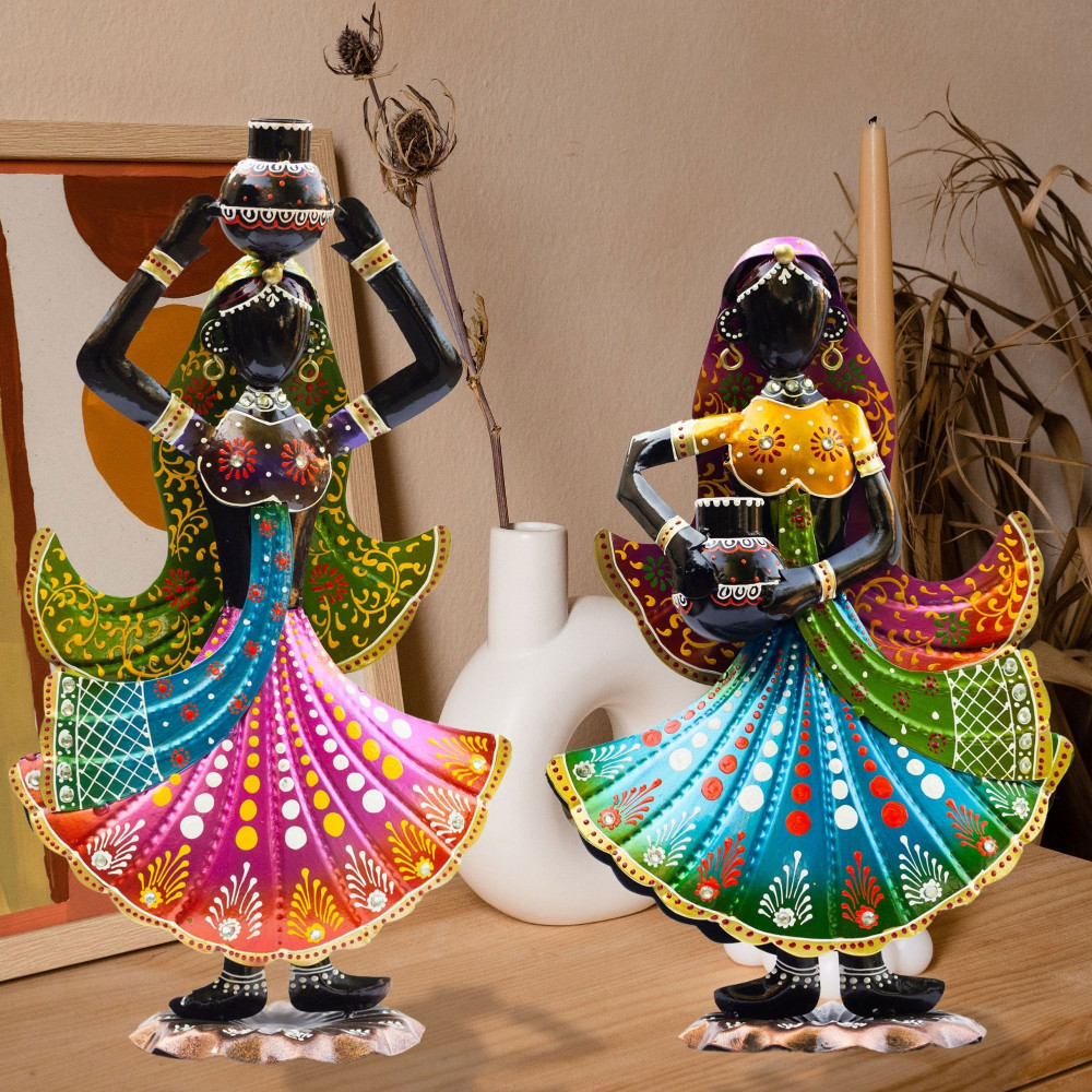ONECLICKSTOREAK Handcrafted Rajasthani Ethnic Village Girl Dolls Figurine - Set of 2 | Vibrant 16" Metal Showpiece for Home Decor | Ideal Gift for Housewarming, Weddings, Diwali