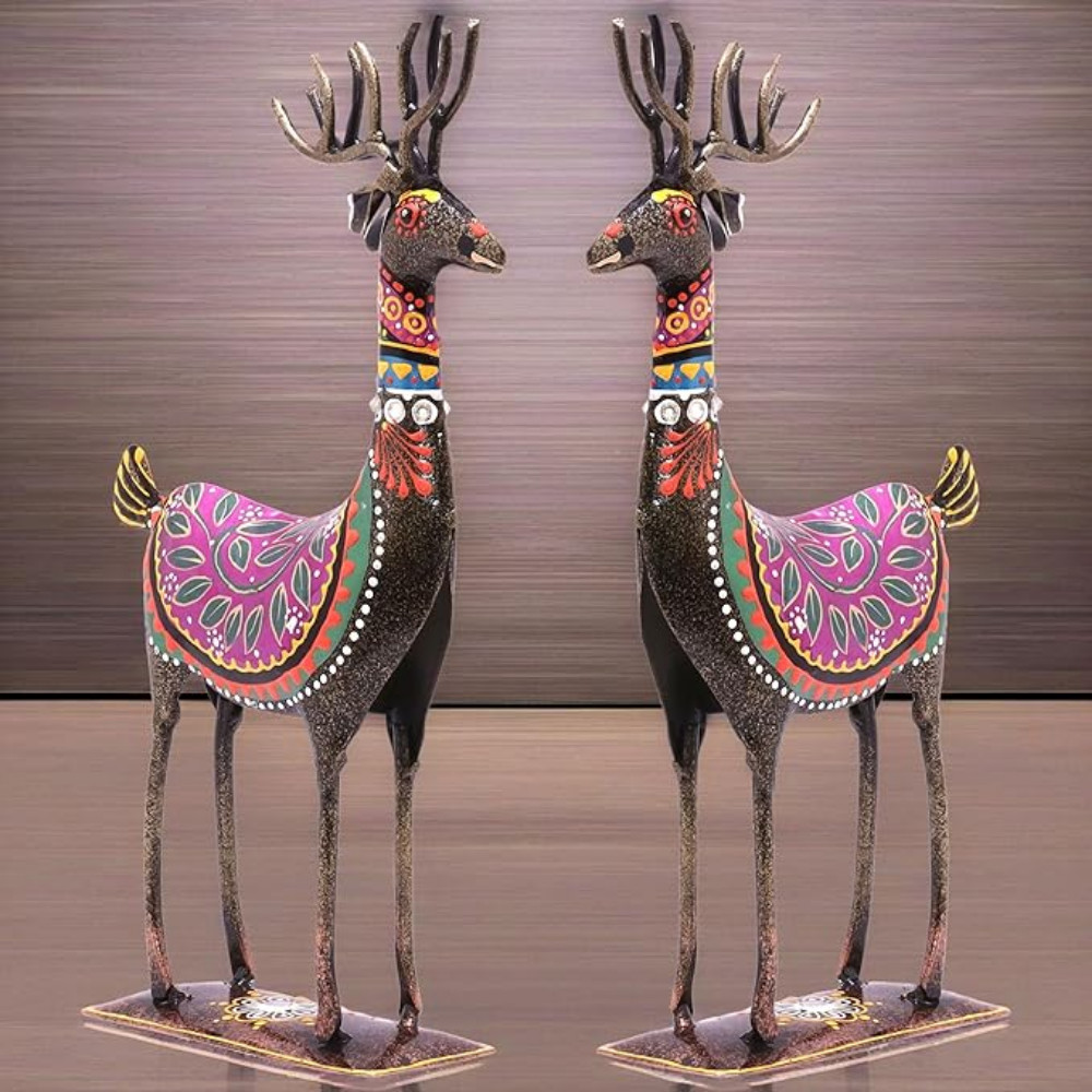 ONECLICKSTOREAK Handpainted Iron Deer Showpiece Set of 2 Vibrantly Coloured Tabletop Living Room Office Home Decor Gift Item 10.5x4.5 inch (Deer Set)