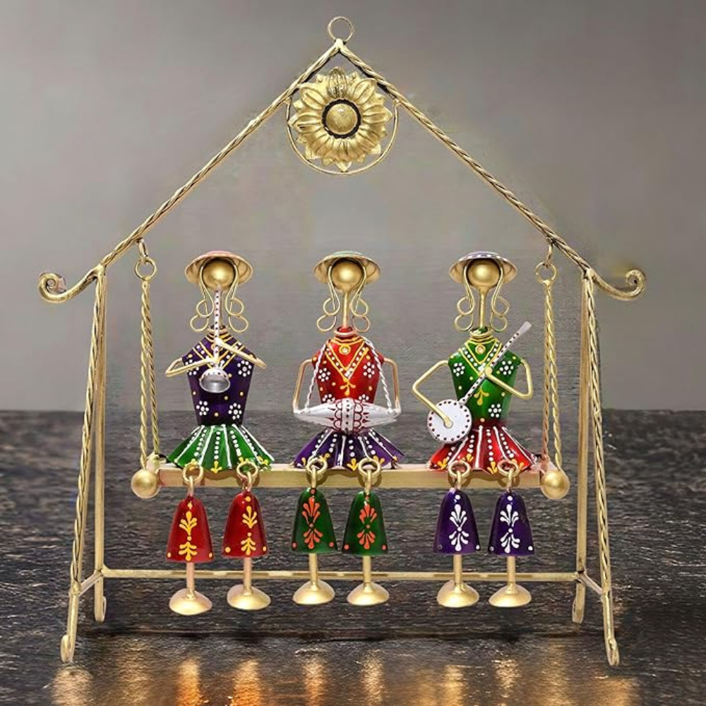 ONECLICKSTOREAK Three Rajasthani Musician Dolls Swing Set Home Decor Items for Living Room, Large 16 x 16 inch Metal Tabletop Showpiece Hanging Jhula for Centertable, Shelf, Gifting
