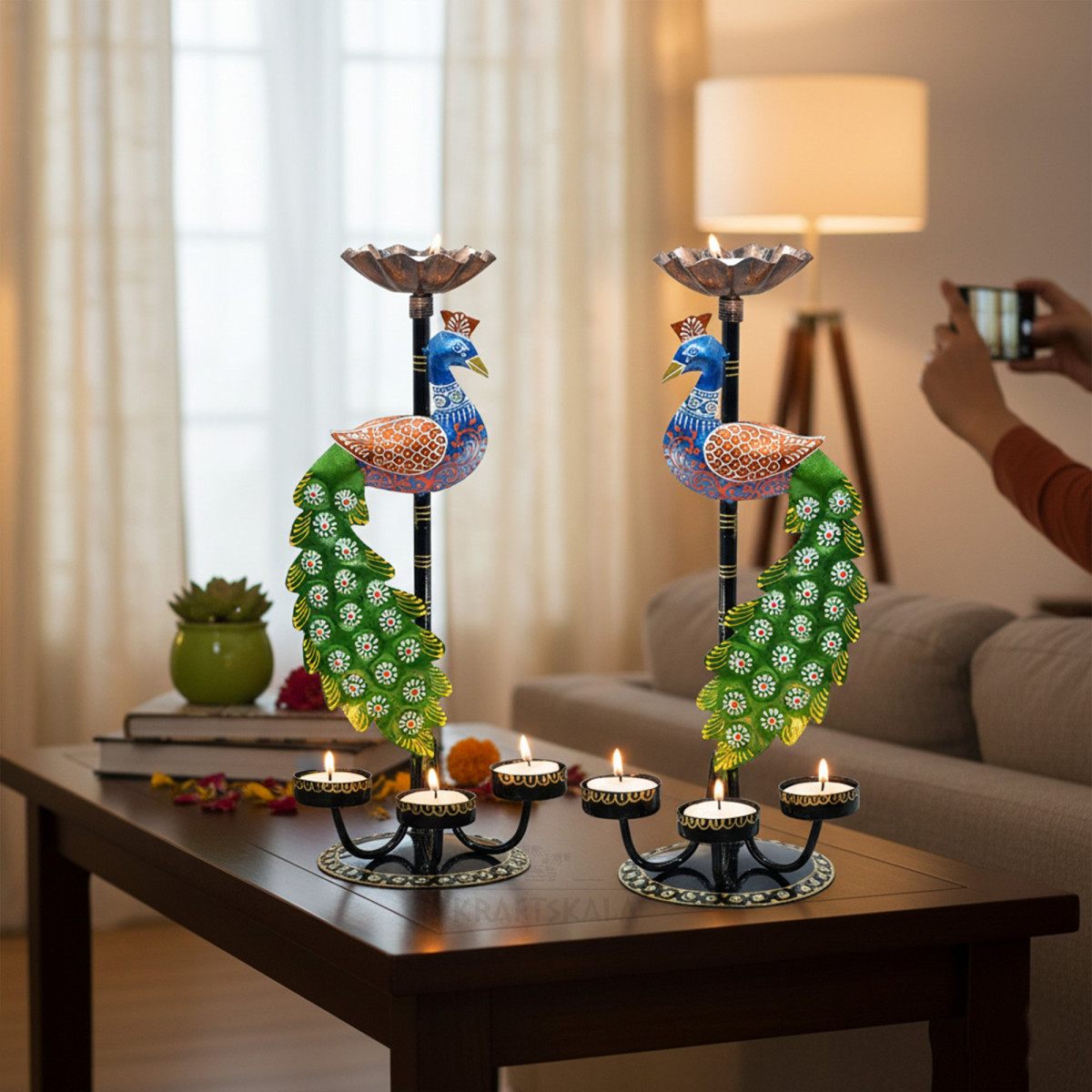 ONECLICKSTOREAK Set of 2 Peacock Tealight Candle Holders — Left Right Facing Decorative Metal Candle Stands with 4 Slots Each | Vibrant Tabletop Home Decor & Diwali/Navratra Gift Item (13 inch)