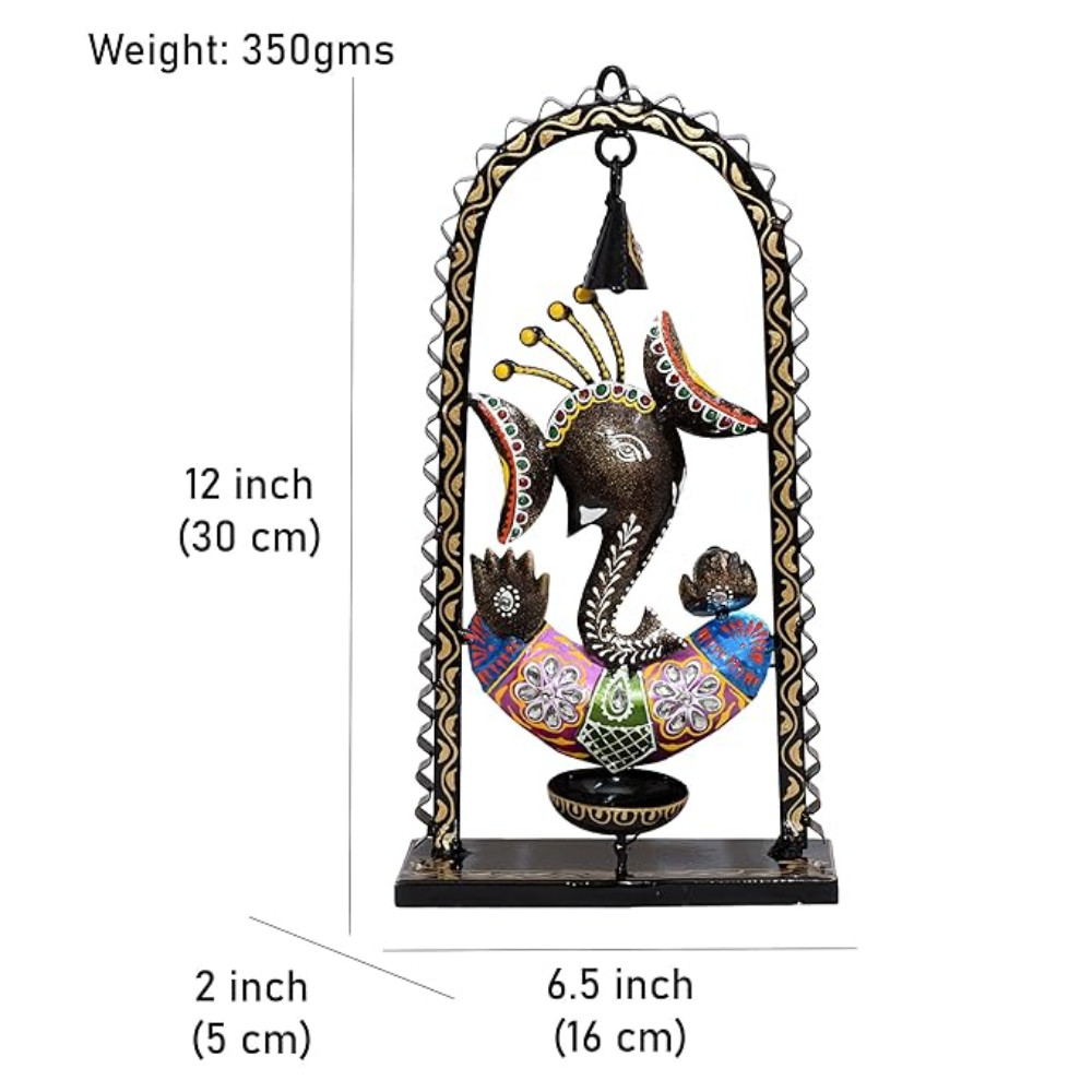 ONECLICKSTOREAK Ganesh Tealight Candle Diya Holder Tabletop Wall Hanging Home Decor with Spiritual Bell, Tealight Holder Metal Showpiece for Living Room, Yoga, Gifts