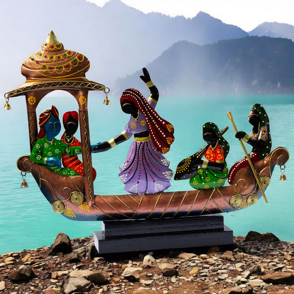 ONECLICKSTOREAK Handcrafted Ethnic Tribal Boat with Dancing Musicians Showpiece - 15x18 Inch Home Décor with Wooden Base - Gift for Housewarming, Festivals, Weddings, Corporate Events