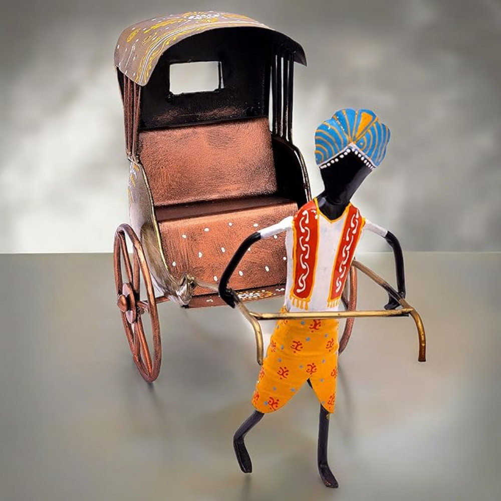 ONECLICKSTOREAK Handcrafted Iron Rickshaw Showpiece - Vintage Tabletop Rajasthani Hand Painted Decor for Home and Office, 12 Inches - Ideal for Living Room, Study Table, Gifting (Yellow)