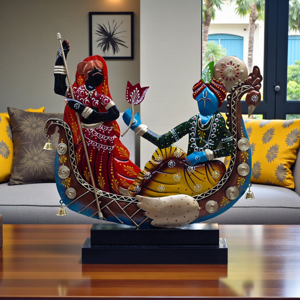 ONECLICKSTOREAK Radha Krishna Boat Showpiece for Home Decor | Iron Metal Decorative Idol with Wooden Base | 15 Inch Spiritual Statue for Living Room, Bedroom, Temple & Gifting
