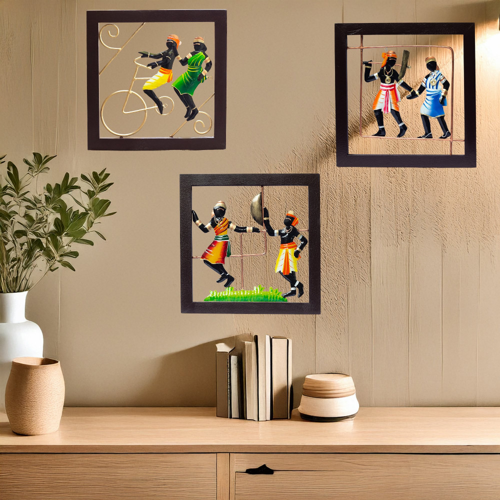 ONECLICKSTOREAK Tribal Wall Hanging Art Decor — Set of 3 Handcrafted Metal and Wood Frame Showpieces | 12x12 inch Iron Wall Decor for Living Room, Bedroom, Office, Gifting