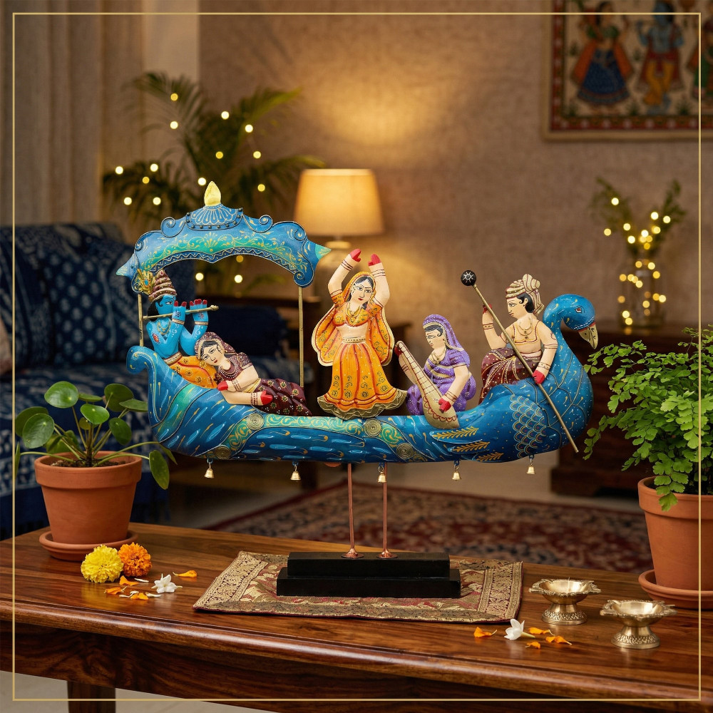 ONECLICKSTOREAK Radha Krishna Nauka Vihar Showpiece for Home Decor Wall Hanging & Tabletop | Metal Peacock Boat Raas Leela Statue with Wooden Base | Large Spiritual Decorative Idol