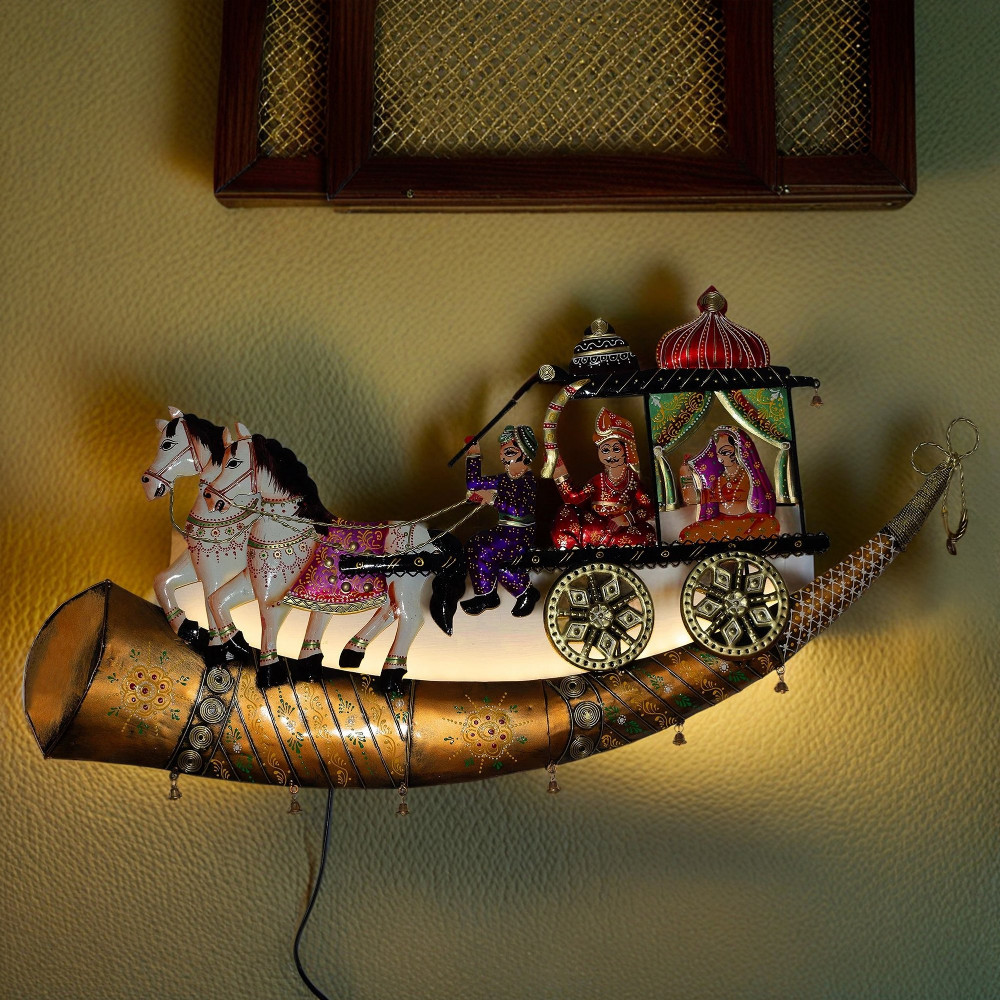 ONECLICKSTOREAK Traditional Indian Wall Decor — Iron Chariot with Horses & Royal Figures — Decorative Wall Hanging with Built-In Warm LEDs, Ethnic Metal Home Decor for Living Room, Diwali, Housewarming