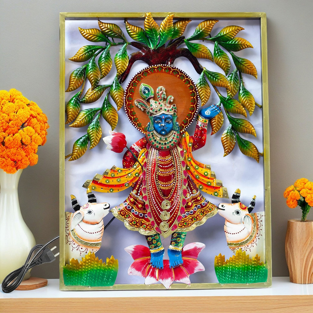 ONECLICKSTOREAK Lord Shrinathji Iron Metal Wall Décor (24x18in) — Handcrafted Krishna Religious Décor Showpiece | Vibrant Hindu Artwork with LED Backlight for Home, Pooja Room & Gifting (SrinathJi)