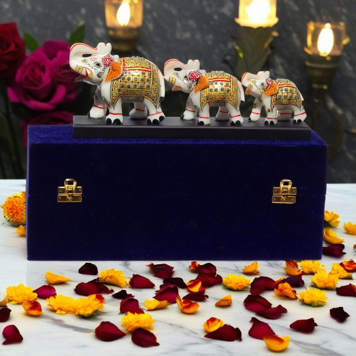 ONECLICKSTOREAK Three Marble Elephants on Wooden Base Gift Box Set for Diwali, Weddings, Grihpravesh, Corporate Gifting 4" 3" 2.5" Elephants (Set 3)