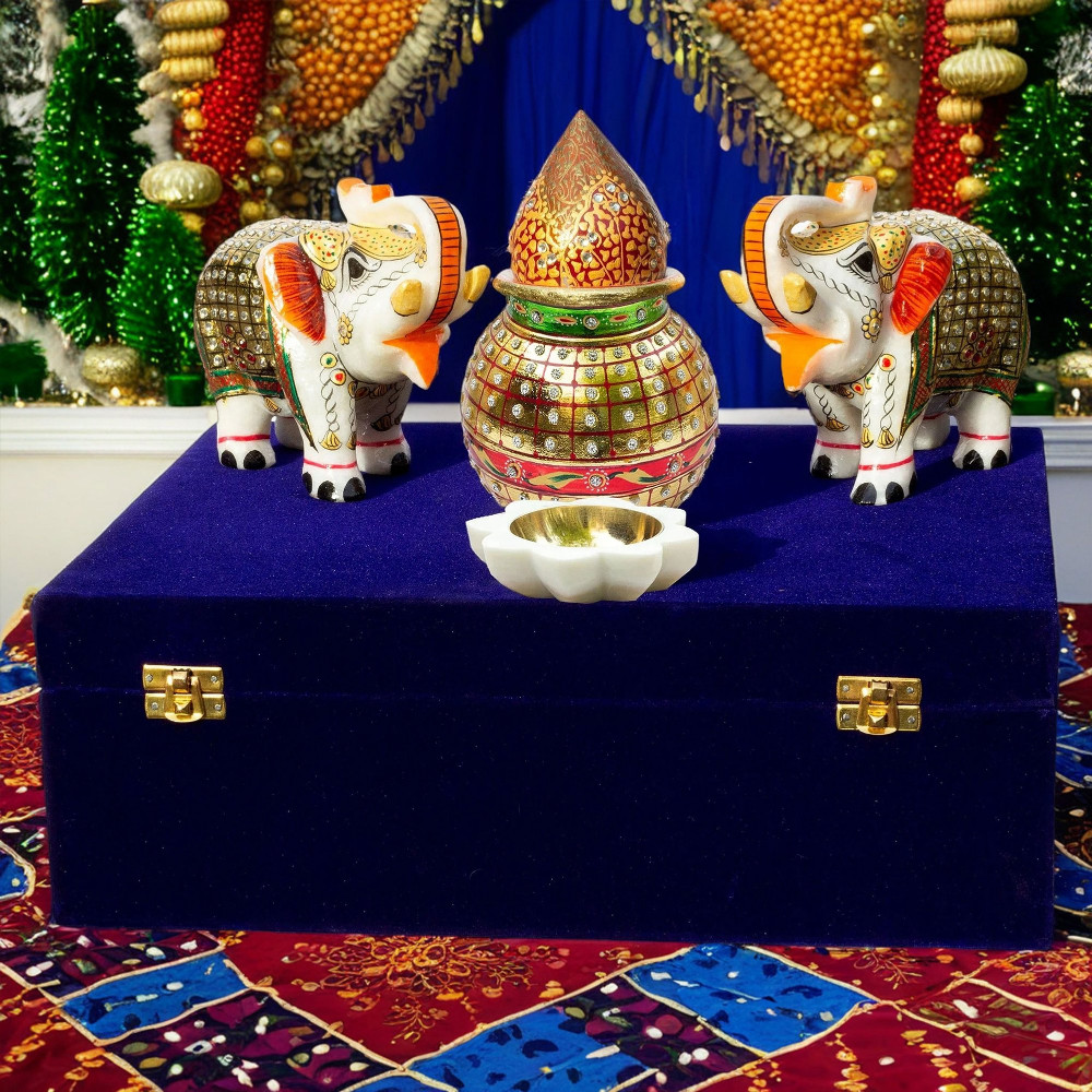 ONECLICKSTOREAK Premium Auspicious Marble Gift Box Set for Diwali, Weddings, Grihpravesh | Handcrafted Marble 2 Pcs Big Size 5" Elephants, Mangal Kalash, Shreephal, Diya (12x15 inch) SKU DWLST1M