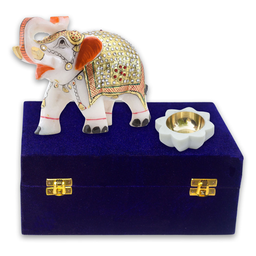 ONECLICKSTOREAK Diwali Gift Set with Handcrafted 5-Inch Marble Elephant & 3-Inch Marble Diya - Ideal for Home Decor, Vastu, Feng Shui, Weddings, Housewarming & Corporate Gifts