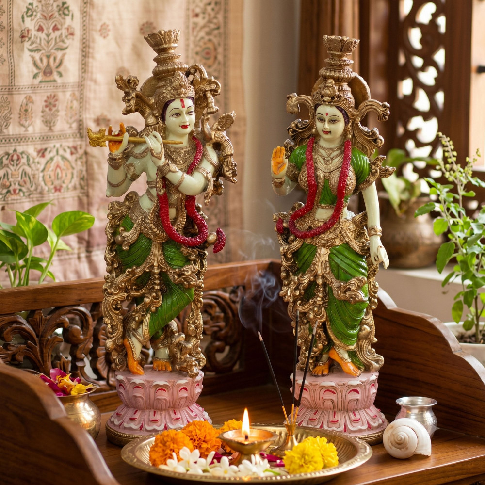 ONECLICKSTOREAK Radha Krishna Idol Pair for Home Mandir Pooja Room Decor | 14 Inch Hand Painted Lacquer Coated Statue Set | Premium Spiritual Showpiece for Living Room Office Temple Wedding Gift (Lotus)