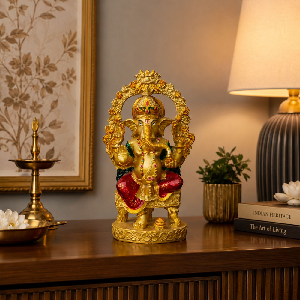 ONECLICKSTOREAK Gold Lord Ganesha Idol for Home Mandir Decor | 10 Inch Lacquer Coated Resin Ganpati Statue on Throne | Vinayaka Murti for Pooja Room Office Diwali Gift