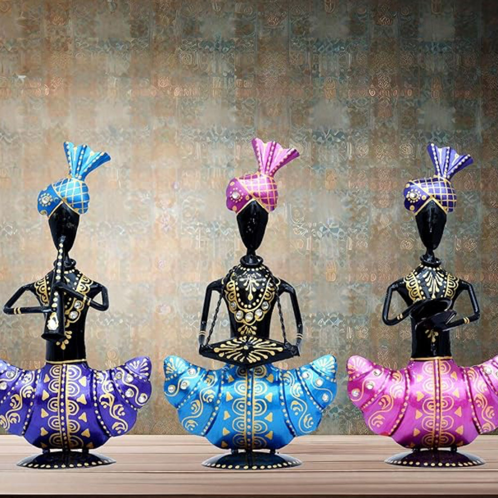ONECLICKSTOREAK Metal Figurines Handcrafted Pagdi Musicians Set of 3 Vibrantly Coloured Wrought Iron Statues for Home, Living Room, Office and Gifts"