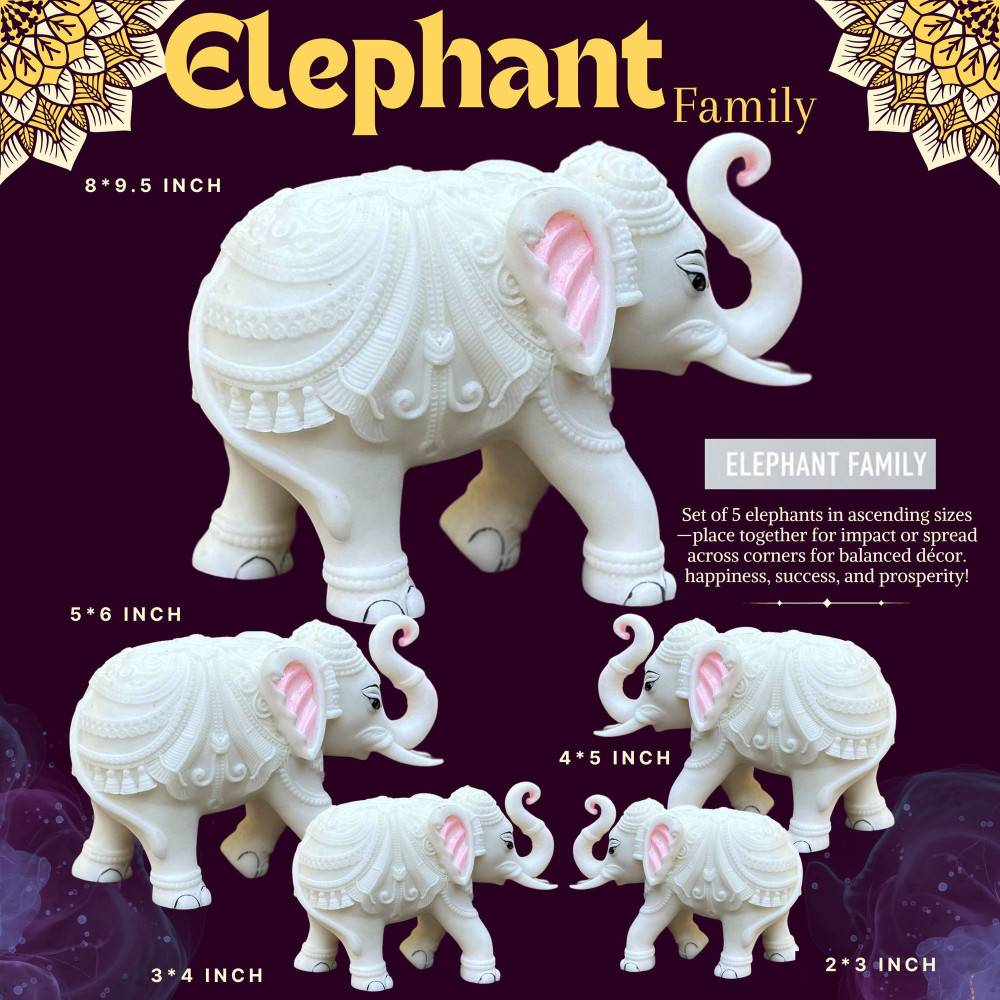 ONECLICKSTOREAK Elephant Family Showpiece Set of 5 - Royal Home Decorative Statues with Auspicious Om Symbol | White Marble-Resin Figurines for Diwali, Corporate & Housewarming Gifts