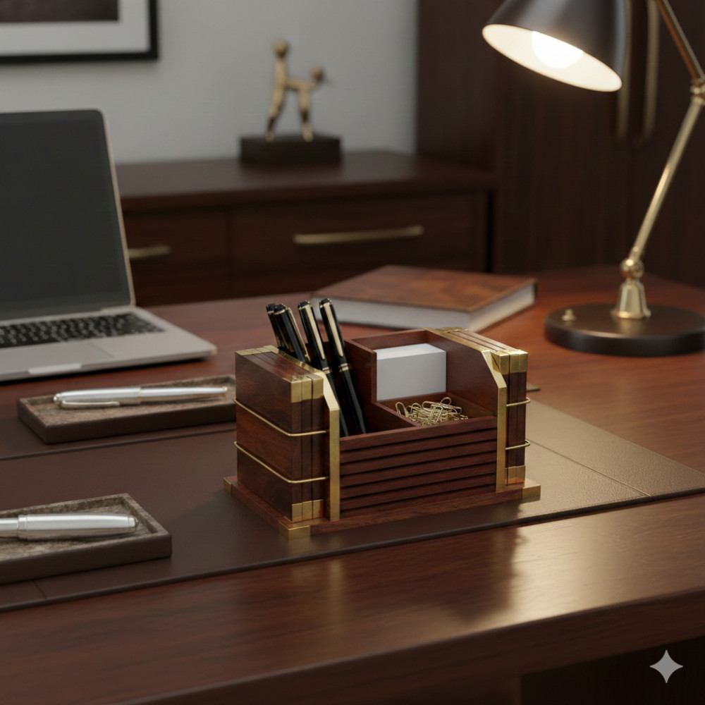 Premium Handcrafted Wooden Desk Organizer with Coaster Set – Sheesham Wood & Brass Work | Pen Stand, Card Holder & Paper Rack | Office Table Decor & Gift Item
